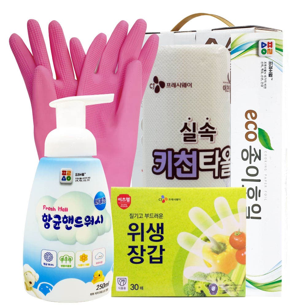 CJ고무장갑,위생장갑,핸드워시,키친타올,종이호일 5종세트 02076