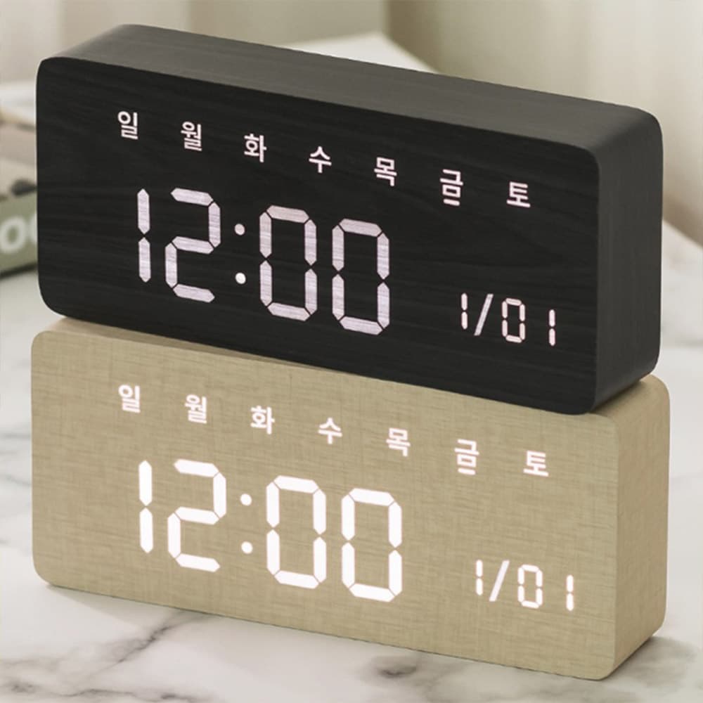 플라이토 우드 데이즈 인테리어 LED 탁상시계 한글 요일 표시