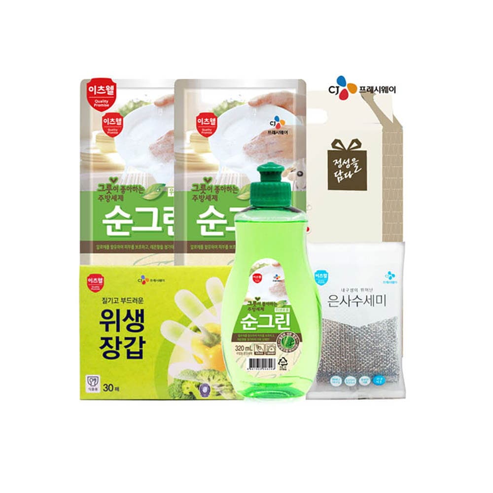 CJ이츠웰 순그린(320용기),순그린(300리필)*2개,,위생장갑,수세미 5종세트
