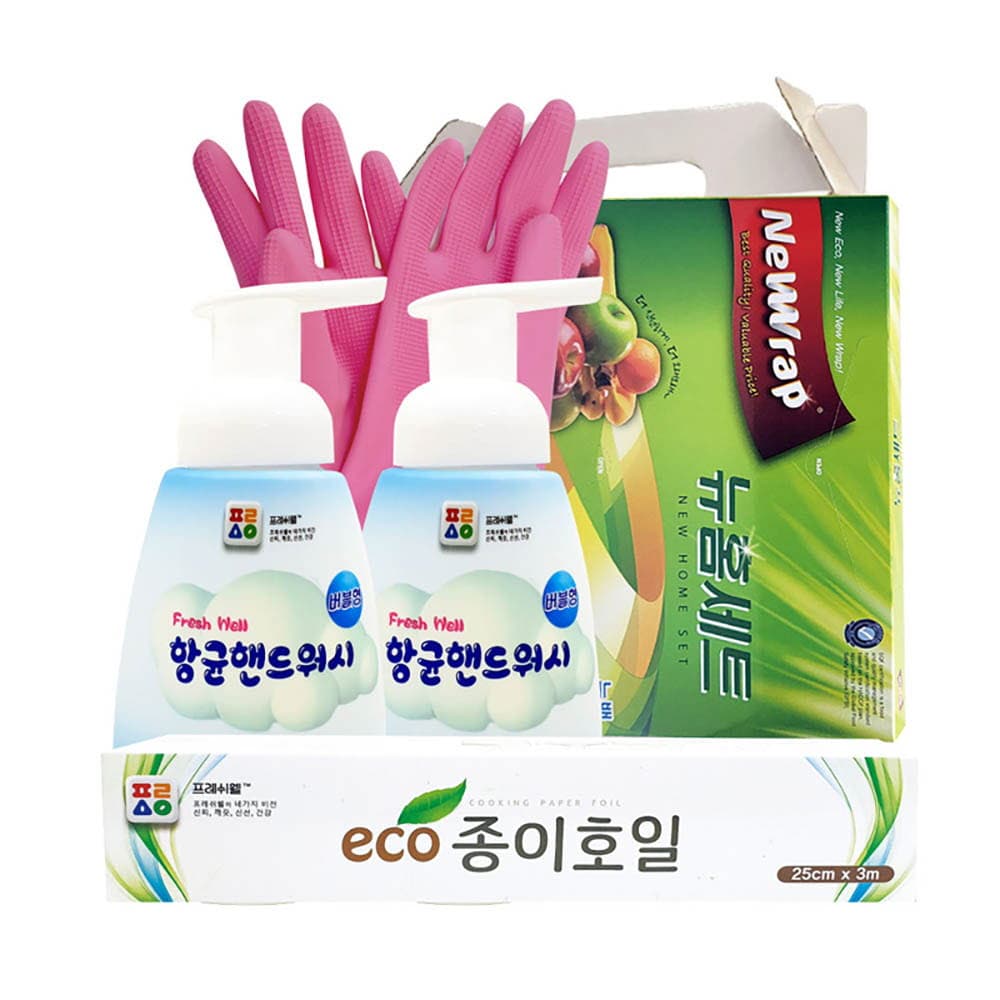 프레시웰핸드워시*2개,뉴랩 홈(3종),CJ고무장갑,종이호일 5종세트