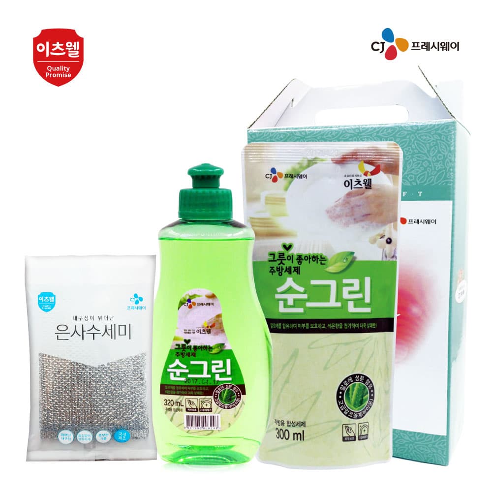 CJ이츠웰 순그린(320용기),순그린(300리필),수세미 3종세트 00208