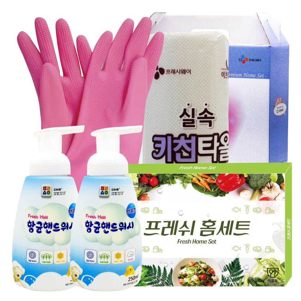 CJ고무장갑,CJ키친타올,핸드워시*2개,프레시웰홈(3종) 5종세트