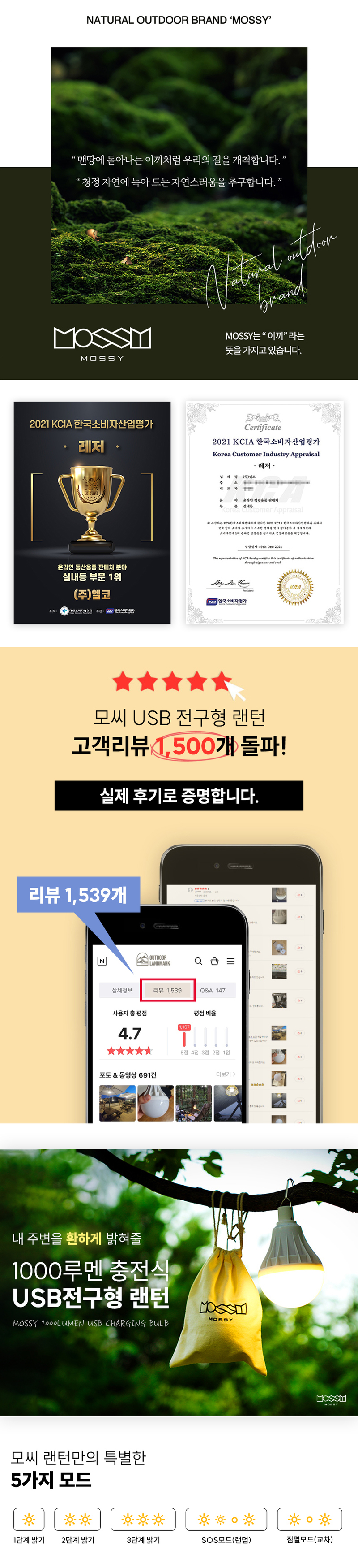 MOSSY 모씨 왕전구 랜턴 USB 충전 타입 2200mAh 상세이미지